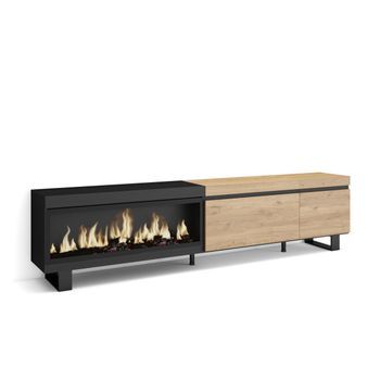 Mueble Tv, Televisión, Muebles De Salón, Almacenaje, 237x57x35 Cm, Para Tv Gran Formato, Chimenea Eléctrica Xxl, Diseño Industrial, Estilo Moderno, Roble Y Negro