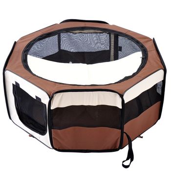 PawHut Parque Plegable para Perros y Gatos Portátil Impermeable de Tela Oxford Ø90x41 cm Café   Aosom España