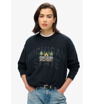 Superdry para mujer. W2012156A Sudadera de corte holgado y cuello redondo Travel Souvenir marino (S), Casual, Algodón, Sostenible