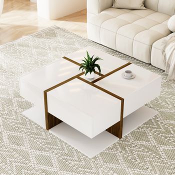 Mesa De Centro Cuadrada Blanca De 78 Cm Con Cuatro Cajones