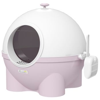 PawHut Arenero para Gatos 4kg Max con Tapa y Pala Incluida, 53x51x48 cm, Blanco y Rosa   Aosom España