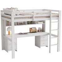 cama alta de 90 x 200 cm - cama infantil - mesa baja - espacio de almacenaje - barandilla alta - escalera estable - blanco