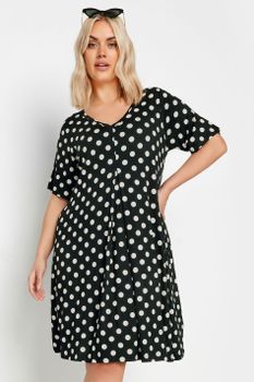Yours Vestido Negro De Pico Con Lunares Blancos, Mujer Curvy Y Tallas Grandes, Yours