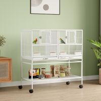 pawhut jaula para pajaros grande con divisor pajarera doble con ruedas 4 comederos 4 perchas estante 2 bandejas extraibles para periquitos agapornis canarios 95x455x102 cm blanco