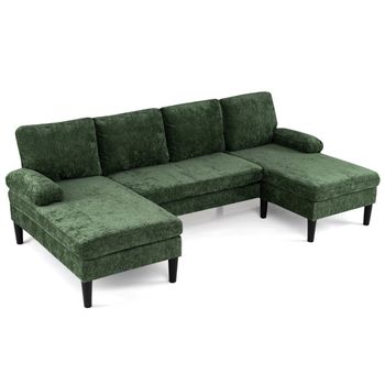 Costway Sofá Modular U 4 Plazas con 2 Tumbonas Laterales Reposabrazos 4 Cojines Respaldo Almohadillas Pie para Salón Oficina Verde Oscuro