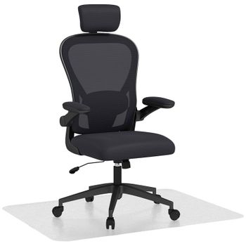 Homcom Pack Oficina Con Silla De Malla Negra Y Alfombra Protectora 90x120 Cm