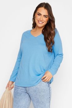 Yours Camiseta Azul De Pico Con Manga Larga, Mujer Curvy Y Tallas Grandes, Yours