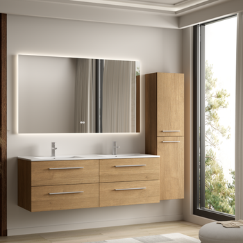 Conjunto De Muebles De Baño Con Columna 140 Cm - Lomazoo Navero - Roble Claro - Lavabo Blanco