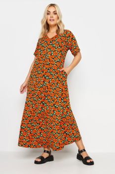 Yours Vestido Largo De Flores Naranja, Mujer Curvy Y Tallas Grandes, Yours