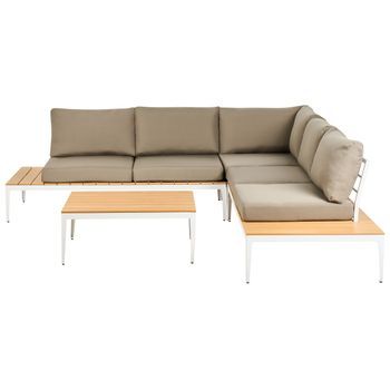 Conjunto De Jardín 5 Plazas De Madera Sintética Clara Blanco Mesa De Diseño Cojines Grises Moderno Positano