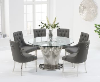 Hans Round 130cm Glass Table With Talia Faux Leather Chairs - Grey, 4 Chairs