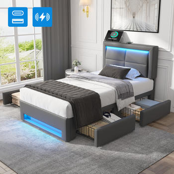 Cama Tapizada Con Iluminación Led, Puertos Usb (carga Inalámbrica Y Por Cable), 4 Cajones, Simil Piel Texturizada, Gris, 90x190 Cm