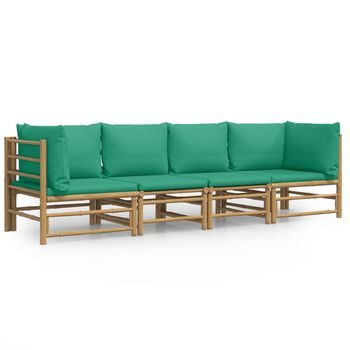 Conjunto De Muebles De Jardín 4 Uds | Mesa Y Sillas Bambú Con Cojines Verde