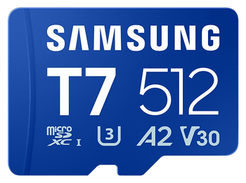 Tarjeta Micro SDXC - Samsung T7 MB-MB512T, 512 GB, Lectura hasta 170 MB/s, UHS Clase 3, A2, V30, Azul