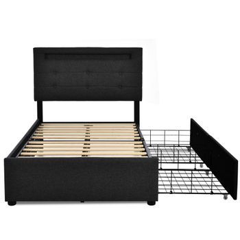 Cama Tapizada 90x200cm - Con Led Y 2 Cajones, Cabezal Ajustable, Somier De Madera, Incluye Colchón - Negro
