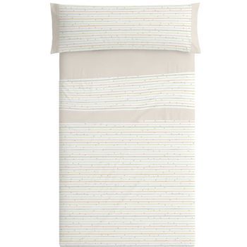 Juego De Sábanas 50% Algodón Rayas Estrellas Cama De 150 Cm Color Beige Burrito Blanco