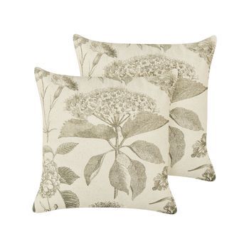 Conjunto De 2 Cojines De Algodón Decorativos Hechos A Mano Estampado Floral Cuadrado 45 X 45 Cm Beige Y Verde Rosemary