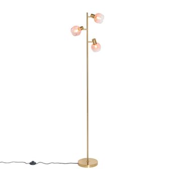Lámpara de pie art deco dorada con cristal rosa 3 luces