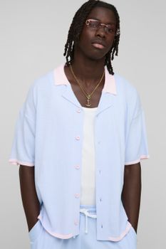 Camisa De Punto Con Bordado De Palmeras, Azul