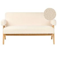 sofa 2 plazas retro salon tapizado de boucle patas de madera blanco crema y marron claro tamre