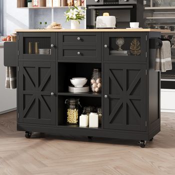 Isla De Cocina, Encimera, Toallero Lateral, Puertas 3d, Paredes Ajustables, Negro