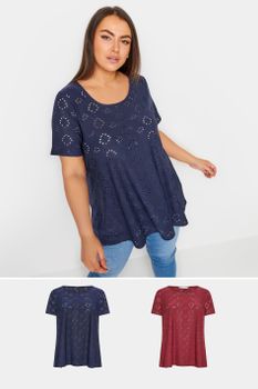 Yours Juego 2 Camisetas Con Bordados Calados: Roja Y Azul, Mujer Curvy Y Tallas Grandes, Yours