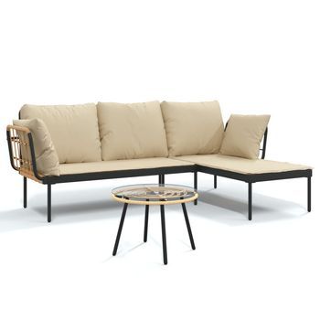 Set Muebles De Jardín 3 Uds Y Cojines Beige Ratán Sintético Cfw398595