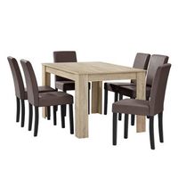 mesa de comedor  6 sillas forssa mdf y polipiel 140x90x77cm - roble claro  marron encasa