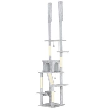 PawHut Árbol Rascador de Techo con Altura Ajustable 225-255 cm con Casita y Hamaca, Gris Claro