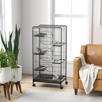 PawHut Jaula para Animales Pequeños de 6 Niveles con Ruedas 64x43,5x131 cm Negro
