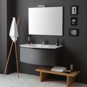 Mueble De Baño Curvado Suspendido Gris Pizarra Con Lavabo De Cerámica Y Espejo Led | Riva
