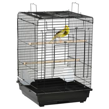 PawHut Jaula para Pájaros Techo Abatible 2 Perchas 2 Comederos 40x40x59 cm Negro