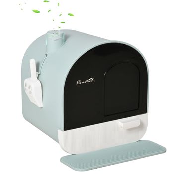 PawHut Caja de Arena para Gatos Arenero Cerrado con Puerta Delantera Bandeja Extraíble Pala Alfombra y Filtro 43x44x47 cm Verde   Aosom España