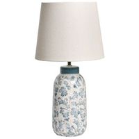 lampara de mesa estilo mediterraneo base de ceramica motivo floral pantalla de lino en forma de tambor blanco y azul lempa