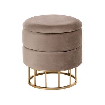 Puf Glamuroso Para Sala De Estar Con Espacio De Almacenaje Redondo Ø 37 Cm Terciopelo Gris Pardo Dorado Elgin