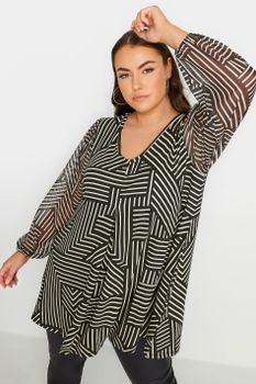 Yours Top Con Vuelo Negro Estampado Geométrico Mangas Malla, Mujer Curvy Y Tallas Grandes, Yours