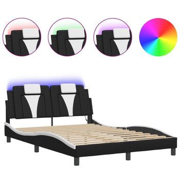 Cama Doble | Cama Para Adultos | Estructura Cama Con Led Cuero Sintético Negro Blanco 140x200 Cm