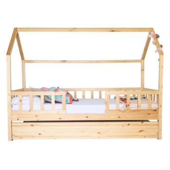 Cama Casita Con Barandilla + Cama De Arrastre Madera Pino 90x190cm