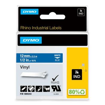 Etiquetas vinilo autoadhesivas DYMO Rhino 12 mm x 5,5 m blanco sobre azul