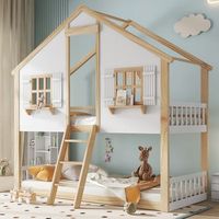 cama litera infantil con ventanas y techo barreras de seguridad somieres de listones pinomdfcontrachapado blanco y natural 90x200cm