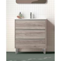 mueble de bano al suelo con lavabo ceramico  3 cajones con cierre amortiguado y organizador  60 cm - pino gris - cromo brillo