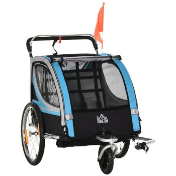 HOMCOM Remolque para niños, Cochecito, Cinturón de seguridad de 5 puntos, Enganche universal, Acero, Azul, 142 x 75 x 101 cm