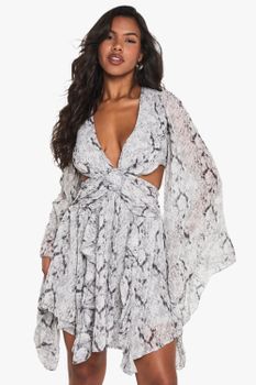 Vestido Skater Estampado Con Abertura, Gris