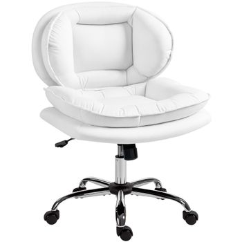 HOMCOM Silla de Oficina Piernas Cruzadas con Asiento Ancho Ruedas Altura Ajustable Doble Acolchado Función Basculante Blanco