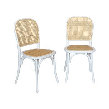Silla Vintage De Madera Y Ratán, Set De 2, Blanco