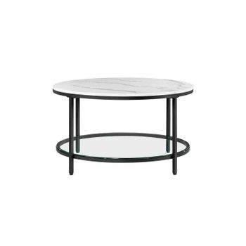 Mesa de Centro Sofá de Mármol de Imitación Redonda Estante de Vidrio, Blanco Mármol + Negro Tinta / 80 x 46 cm