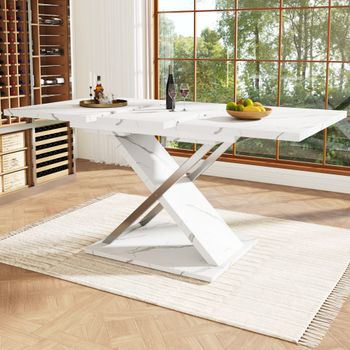 Mesa de comedor extensible con efecto mármol y patas cruzadas