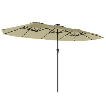 Outsunny Sombrilla Doble de Jardín 4x2 m con 36 Luces LED UPF50+ Manivela 12 Varillas  Resistente al Agua Beige