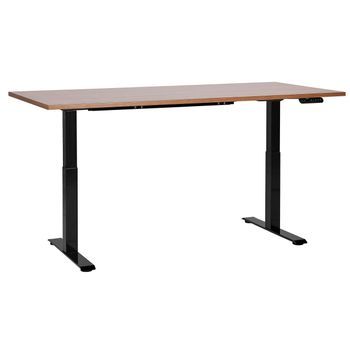 Escritorio De Altura Regulable Eléctrico Oficina Moderna Patas Cuadradas 160 X 72 Cm Tablero Madera Oscura Soporte De Acero Negro Destines