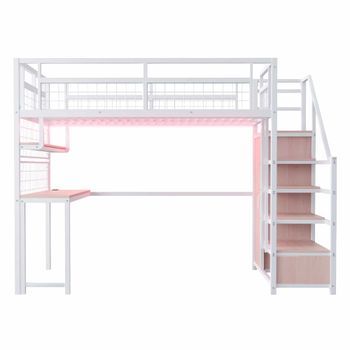 Cama Alta Metálica 140 X 200 Cm - Con Escalera De Almacenamiento, Armario, Estantes, Mesa, Estantería De Red, Tira De Luz Y Enchufe - Blanco